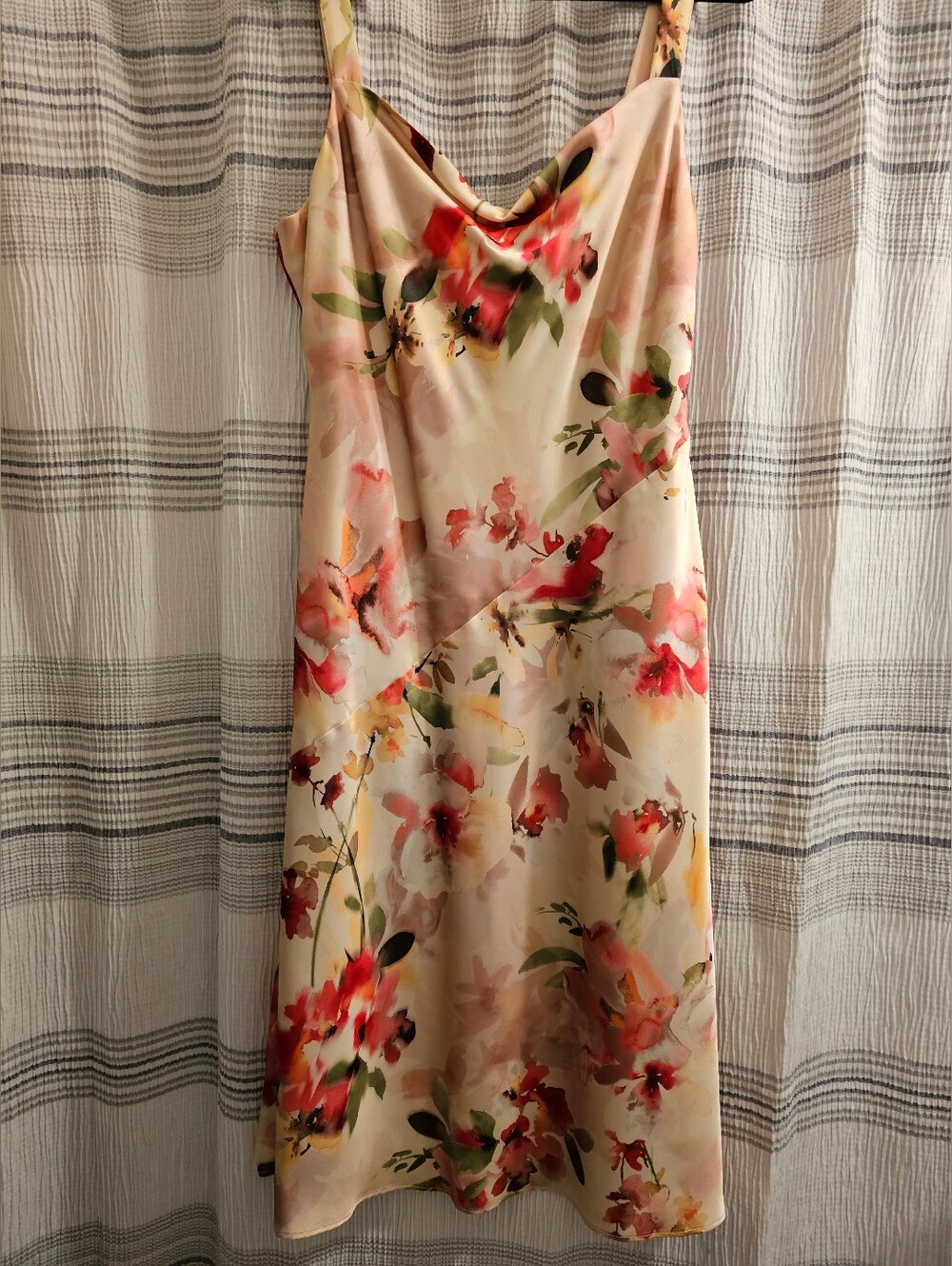 Donna Karan Cream Slip Midi Dress with Pink & Red Floral Print
